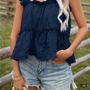 Navy Ruffle Sleeveless Top
